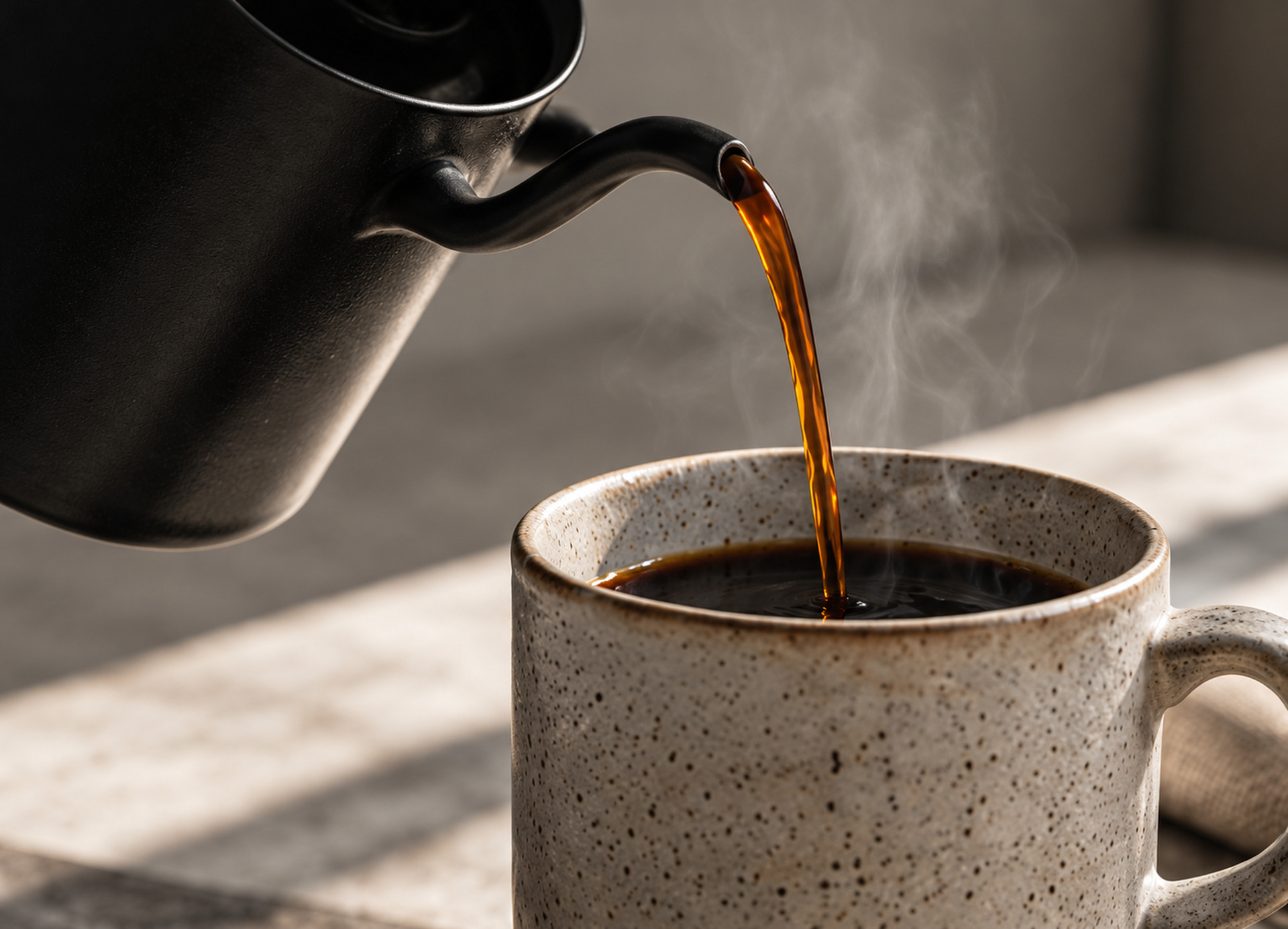 Koffie wordt ingeschonken in een stenen kop